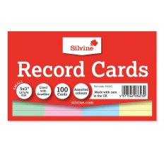 Silvine 100 Coloured Ruled Record Cards 127mm X 76mm